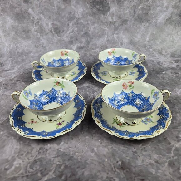 Vintage Kunst Kronsch Florenz Set of 4 Cups Saucers Blue White Gold Bavaria 1950 - Picture 1 of 15